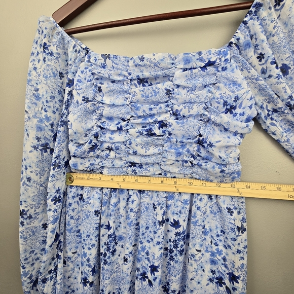 Baby Doll Bubble Long Sleeve Ruched Floral Chiffon Dress Blue Womens Size S - Picture 10 of 11